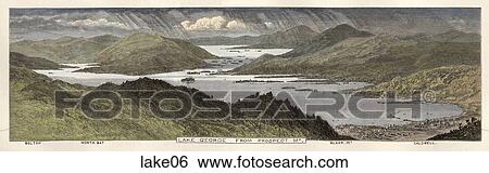 Stock Illustration - Antique Illustration (hand tinted wood engraving) of a Lake Vista, "Lake George from Prospect Mountain" (Location: New York State) . Fotosearch