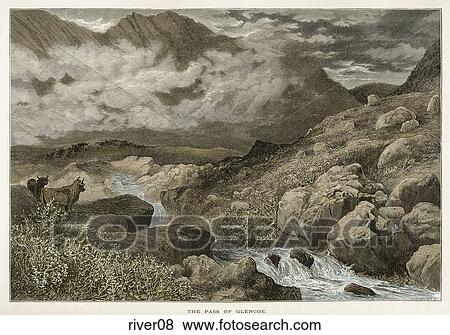 Antique Illustration (hand-tinted wood engraving) of a Mountain Stream, "The Pass of Glencoe" (Location: Scotland) View Large Illustration Stock Illustration - Antique Illustration (hand-tinted wood engraving) of a Mountain Stream, "The Pass of Glencoe" (Location: Scotland) . Fotosearch
