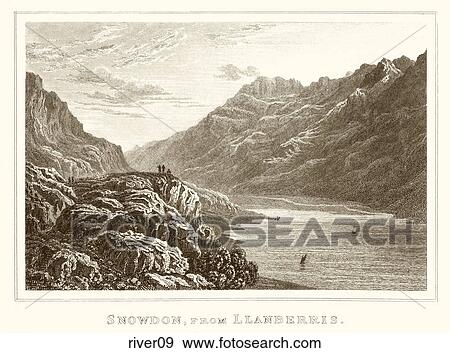 Antique Illustration (hand-tinted wood engraving) of a View of a River and Mountains, "Snowdon, from Llanberris" (Location: Wales) View Large Illustration Stock Illustration - Antique Illustration (hand-tinted wood engraving) of a View of a River and Mountains, "Snowdon, from Llanberris" (Location: Wales) . Fotosearch