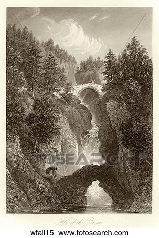 Antique Illustration of a Canyon View with a Waterfall and Stone Bridge, "Falls of the Bruar" (Location: Scotland) View Large Illustration Stock Illustration - Antique Illustration of a Canyon View with a Waterfall and Stone Bridge, "Falls of the Bruar" (Location: Scotland) . Fotosearch