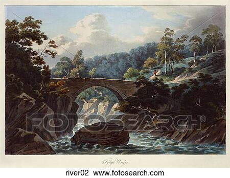 Drawing - Antique Illustration of a View of a River with Bridge, "Tyolgé Bridge" . Fotosearch