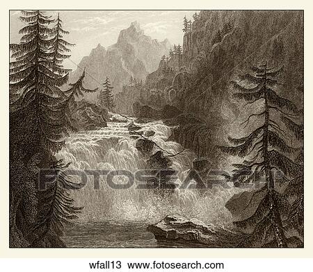 Antique Illustration of a View of a Waterfall in the Rhine River. (Location: Germany) View Large Illustration Drawing - Antique Illustration of a View of a Waterfall in the Rhine River. (Location: Germany) . Fotosearch