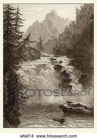 Antique Illustration of a View of a Waterfall in the Rhine River. (Location: Germany) View Large Illustration Stock Illustration - Antique Illustration of a View of a Waterfall in the Rhine River. (Location: Germany) . Fotosearch
