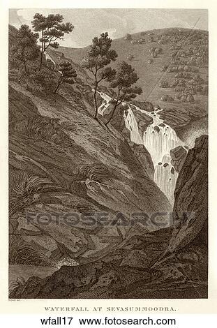 Stock Illustration - Antique Illustration of a View of a Waterfall in a Hilly Landscape, "Waterfall at Sevasummoodra . Fotosearch