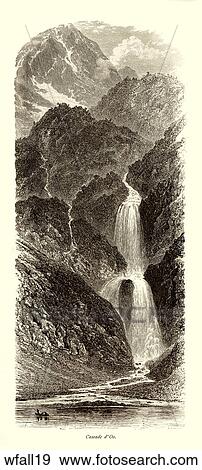Stock Illustration - Antique Illustration of a View of a Tall Waterfall with Mountains and Stream, "Cascade d'Oo" . Fotosearch