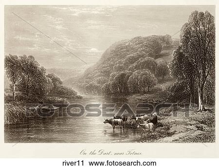 Clip Art - Antique Illustration (steel engraving) of a River Scene and Cattle, "On the Dart, near Totnes" (Location: England) . Fotosearch