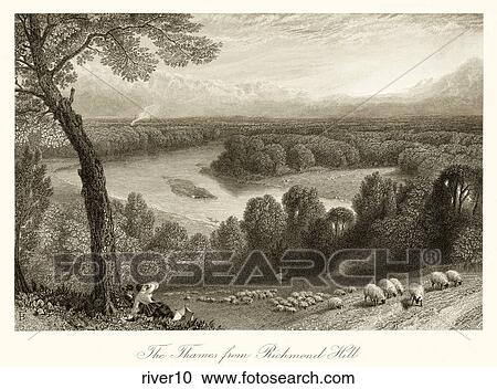 Clipart - Antique Illustration (steel engraving) of a Pastoral River Scene with Sheep, "The Thames from Richmond Hill" (Location: England) . Fotosearch