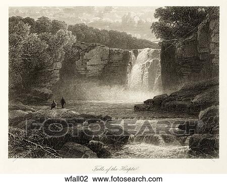Drawing - Antique Illustration (steel engraving) of a View of a Waterfall and River, "Falls of the Hespte" . Fotosearch
