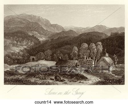 Antique Illustration (steel engraving) of a Pastoral Scene with Cottages, "Scene on the Garry" (Location: Scotland) View Large Illustration Stock Illustration - Antique Illustration (steel engraving) of a Pastoral Scene with Cottages, "Scene on the Garry" (Location: Scotland). Fotosearch
