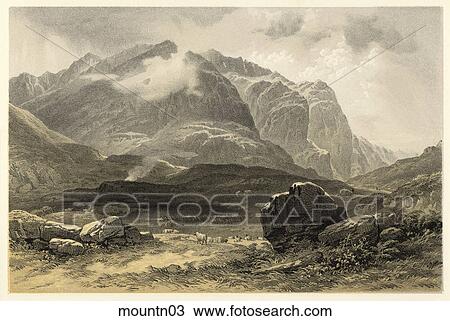 Antique Illustration (stipple engraving) of a Mountain Scene with Sheep, "Big Rock and Sheep" View Large Illustration Drawing - Antique Illustration (stipple engraving) of a Mountain Scene with Sheep, "Big Rock and Sheep" . Fotosearch