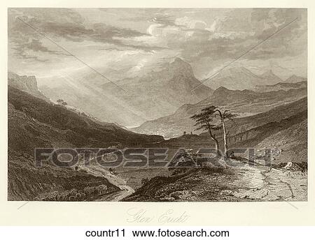 Clip Art - Antique Illustration (wood engraving) of a Pastoral Scene with a small Road and Mountains, "Glen Ericht" (Location: Scotland). Fotosearch