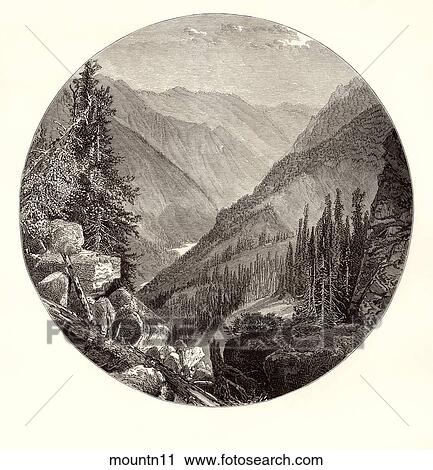 Antique Illustration (wood engraving) of a Circular Mountain Scene, "Giant's Gap" (location: Sierra Mountains, near Lake Tahoe in Northern California) View Large Illustration Clip Art - Antique Illustration (wood engraving) of a Circular Mountain Scene, "Giant's Gap" (location: Sierra Mountains, near Lake Tahoe in Northern California) . Fotosearch