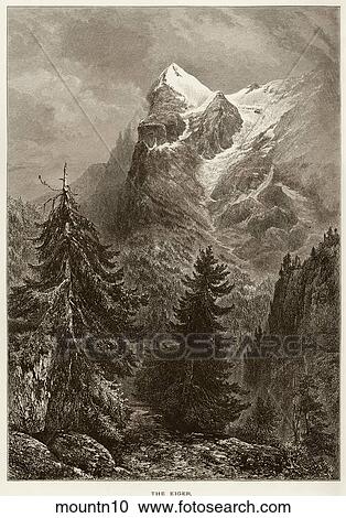 Clipart - Antique Illustration (wood engraving) of a View of a Snow-Capped Mountain Peak with Evergreen Trees, "The Eiger" (West Central Switzerland) . Fotosearch