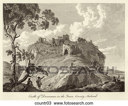 Drawing - Antique Illustration (wood engraving) of a Ruined Castle on a Hill in the Countryside, "Castle of Dunamau, in the Queen County, Ireland. " . Fotosearch