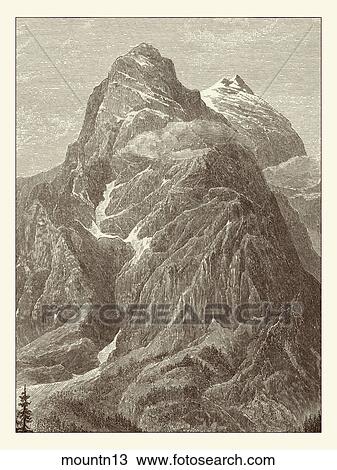 Antique Illustration (wood engraving) of a View of a Mountain Peak, "The Wellhorn from Rosenlaui" View Large Illustration Drawing - Antique Illustration (wood engraving) of a View of a Mountain Peak, "The Wellhorn from Rosenlaui" . Fotosearch