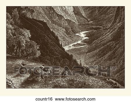 Stock Illustration - Antique Illustration (wood engraving) of Workers Harvesting Grain with Mountains and River in Background . Fotosearch