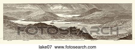 Stock Illustration - Antique Illustration (wood engraving) of a Lake Vista, "Lake George from Prospect Mountain" (Location: New York State) . Fotosearch