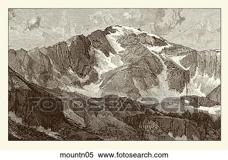 Stock Illustration - Antique Illustration (wood engraving) of a Snow-Capped Mountain. (Location: Rocky Mountains in Colorado) . Fotosearch