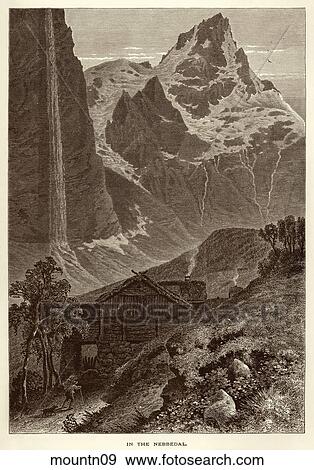 Antique Illustration (wood engraving) of a Mountain Peak with a Chalet in the Foreground, "In the Nebbedal" View Large Illustration Stock Illustration - Antique Illustration (wood engraving) of a Mountain Peak with a Chalet in the Foreground, "In the Nebbedal" . Fotosearch