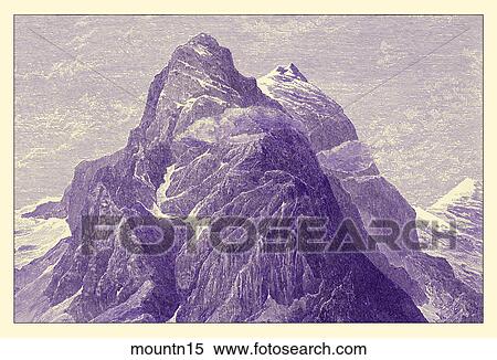 Stock Illustration - Antique Illustration (wood engraving) of a View of Twin Mountain Peaks, "The Wellhorn from Rosenlaui (Location: Switzerland) . Fotosearch