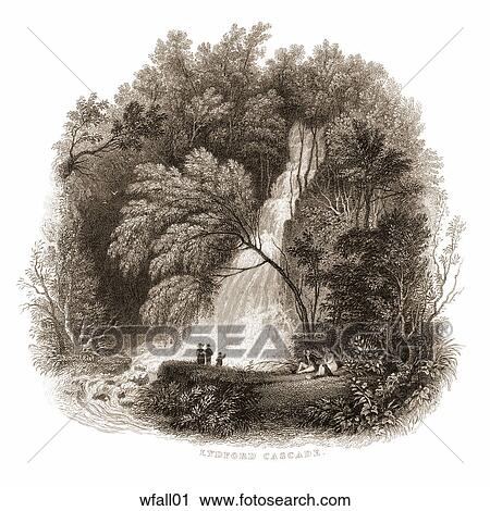 Clip Art - Antique Vignette Engraving of a View of a Waterfall in a Forest, "Lydford Cascade" (Location: Devonshire, England) . Fotosearch
