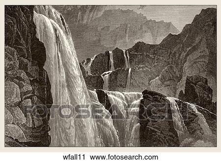 Antique Wood Engraving of a Dramatic View of a Waterfall, "The Ringedalsfos" View Large Illustration Clip Art - Antique Wood Engraving of a Dramatic View of a Waterfall, "The Ringedalsfos" . Fotosearch