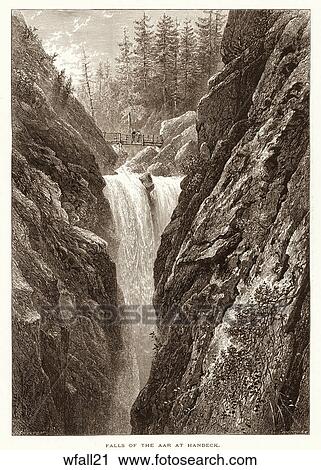 Antique Woodcut Illustration of a View of a Waterfall with small Wooden Bridge, "The Falls of the Aar at Handeck" (location: European Alps) View Large Illustration Clip Art - Antique Woodcut Illustration of a View of a Waterfall with small Wooden Bridge, "The Falls of the Aar at Handeck" (location: European Alps) . Fotosearch