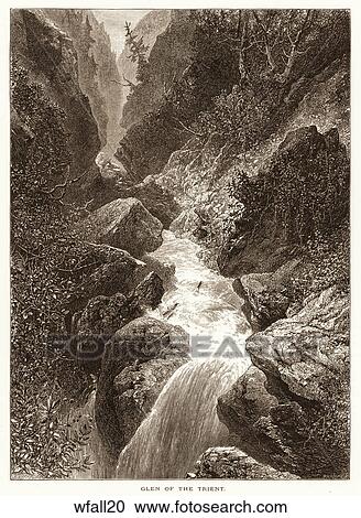 Clipart - Antique Woodcut Illustration of a View of a Cascade running through a Forest, "Glen of the Trient" Location: European Alps) . Fotosearch