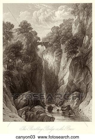 Drawing - landscapes, pictures, canyon, canyons, engravings. Fotosearch