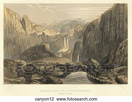 Drawing - landscapes, pictures, canyon, canyons, engravings. Fotosearch