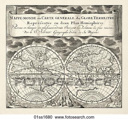 Antique World Map (copper engraving)., c. 1680-1700 View Large Illustration Clipart - Antique World Map (copper engraving)., c. 1680-1700. Fotosearch