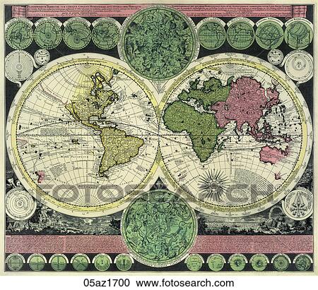 Clipart - Antique World Map (copper engraving)., c. 1700. Fotosearch