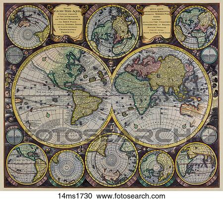 Clipart - Antique World Map ( hand-colored copper engraving)., 1730. Fotosearch