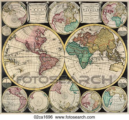 Stock Illustration - Antique World Map (hand-colored copper engraving).,1696. Fotosearch