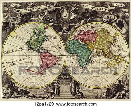 Stock Illustration - Antique World Map (hand-colored copper engraving)., 1729. Fotosearch