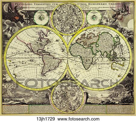 Antique World Map (hand-colored copper engraving)., 1729 View Large Illustration Stock Illustration - Antique World Map (hand-colored copper engraving)., 1729. Fotosearch