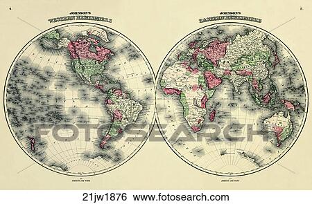 Antique World Map (hand-colored wood engraving)., 1876 View Large Illustration Stock Illustration - Antique World Map (hand-colored wood engraving)., 1876. Fotosearch