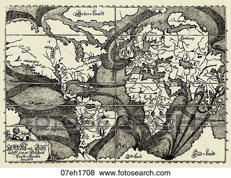 Stock Illustration - Antique World Map (wood engraving)., 1687-1708. Fotosearch