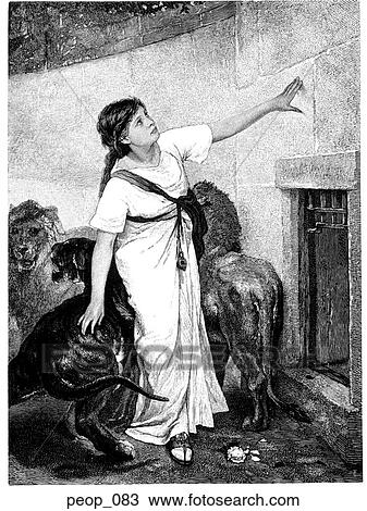 Drawing - A girl and her dog thrown to the lions. Fotosearch