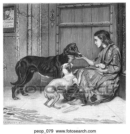 A girl feeds bread to two dogs View Large Illustration Stock Illustration - A girl feeds bread to two dogs. Fotosearch