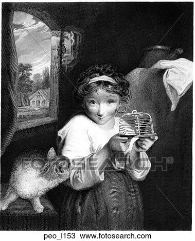 A girl with a mouse while a cat looks on "The Mouse" by Sir Joshua Reynolds View Large Illustration Drawing - A girl with a mouse while a cat looks on "The Mouse" by Sir Joshua Reynolds. Fotosearch
