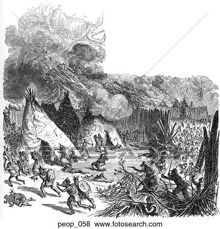 Attack on a Pequot Indian village View Large Illustration Stock Illustration - Attack on a Pequot Indian village. Fotosearch