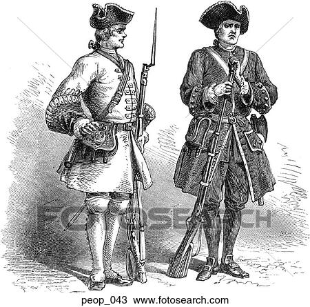 Drawing - Costumes of French soldiers - early 18th century. Fotosearch