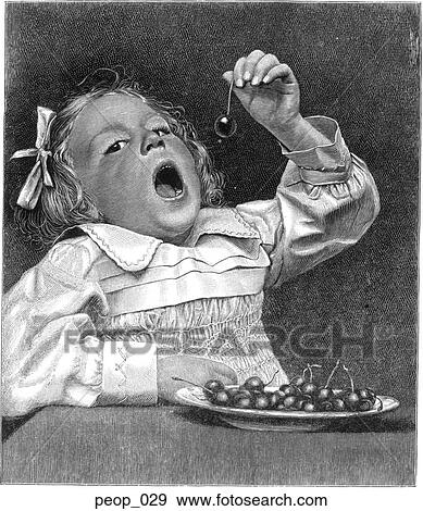 Little girl eating cherries View Large Illustration Stock Illustration - Little girl eating cherries. Fotosearch