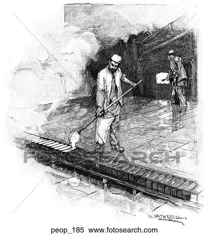 Stock Illustration - Men smelting copper and pouring it into molds. Fotosearch
