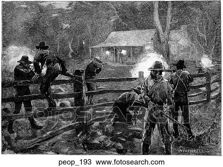 Drawing - Outlaws in a gunfight with lawmen. Fotosearch