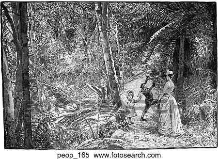 Two children and their mother walk on a park trail View Large Illustration Stock Illustration - Two children and their mother walk on a park trail. Fotosearch