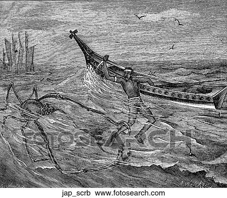 Aquatic life - other. A Japanese spider crab attacking man in boat. View Large Illustration Clipart - Aquatic life - other. A Japanese spider crab attacking man in boat.. Fotosearch