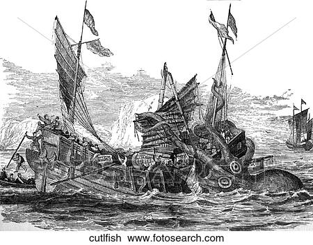Aquatic life - scene. A giant octopus attacks a boat. View Large Illustration Drawing - Aquatic life - scene. A giant octopus attacks a boat.. Fotosearch