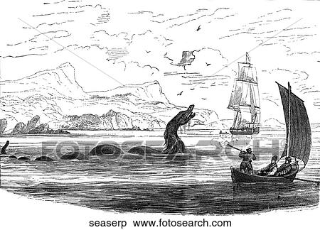 Aquatic life - scene. A giant sea serpent swims by a boat. View Large Illustration Stock Illustration - Aquatic life - scene. A giant sea serpent swims by a boat.. Fotosearch